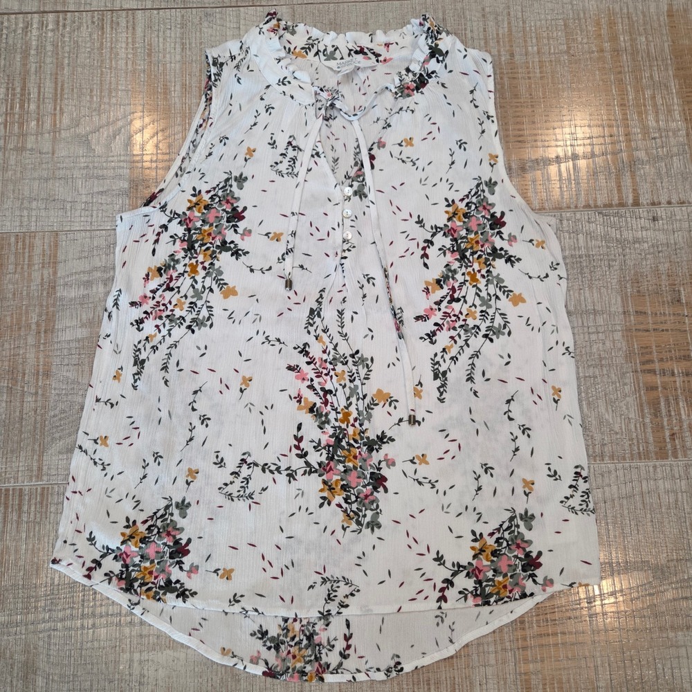 Market & Spruce Floral Sleeveless Tank Blouse Womens XL White Boho Tie Neck Top
